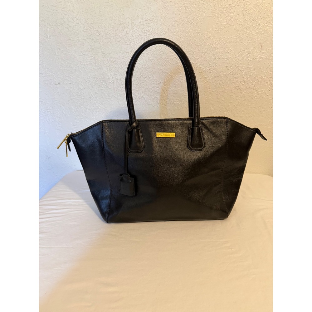 Joy & Iman Black Split Leather Tote Bag Gold Hardware Watch Charm Handbag